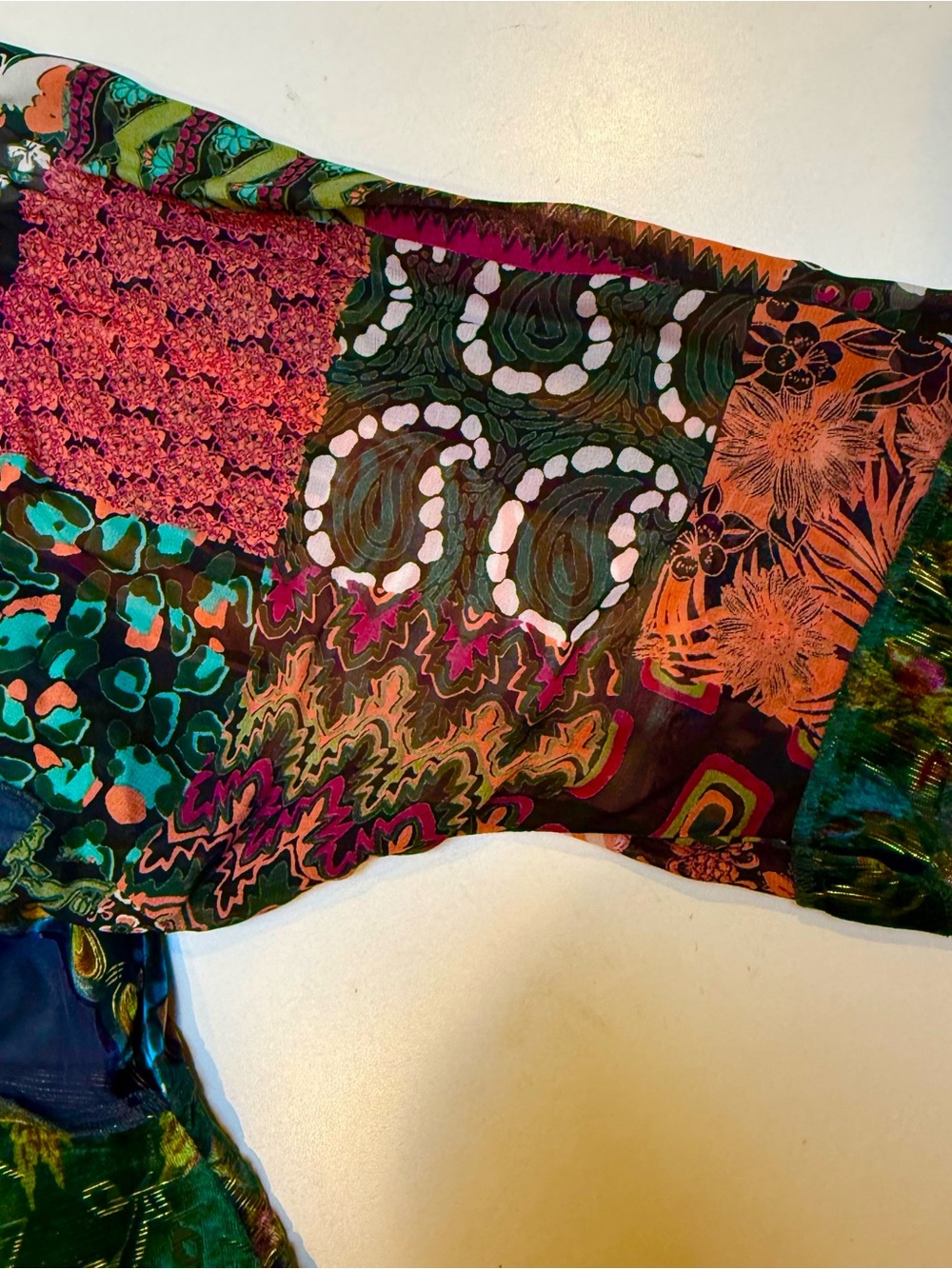 Patchwork Velvet Button-Front Blouse - Green Multi - Picture 8 of 14